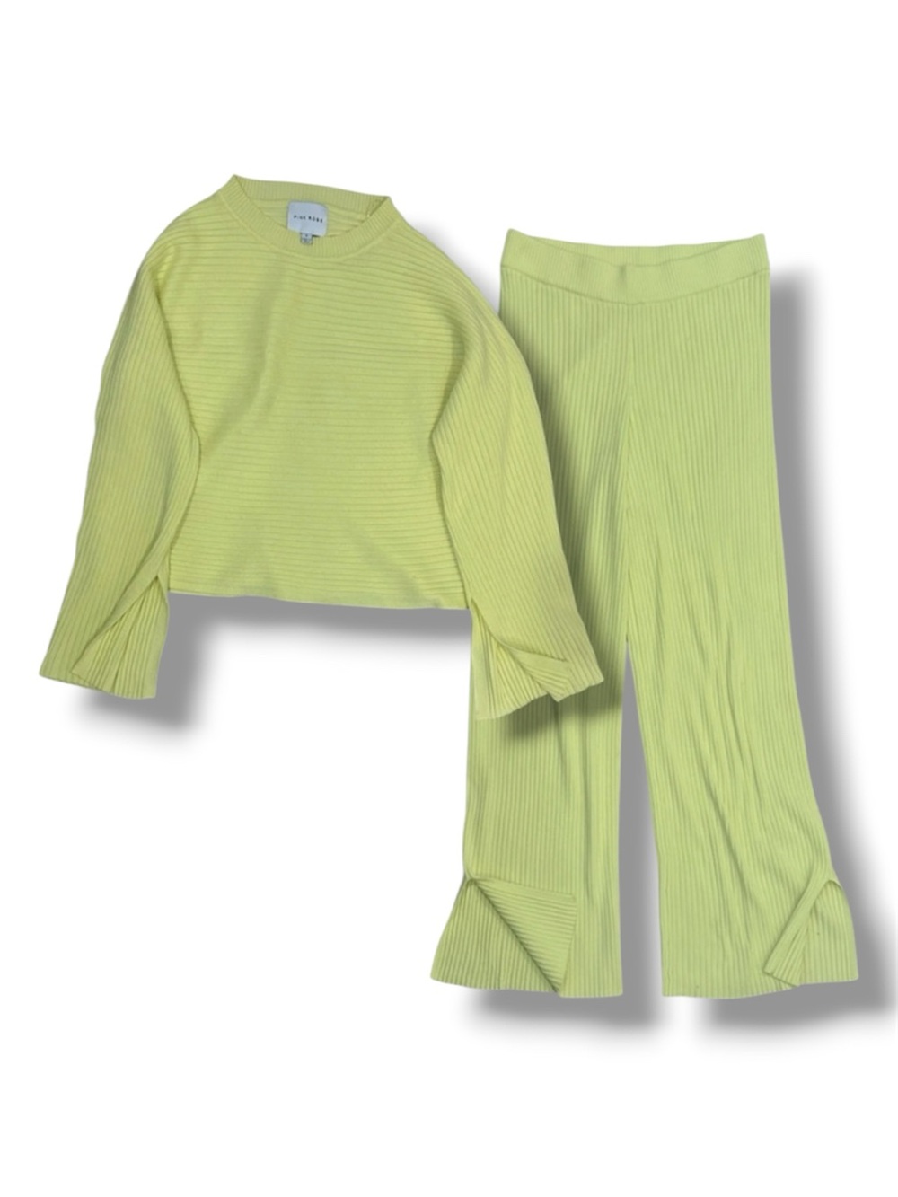 Pink Rose Chartreuse Ribbed Flowy 2-Piece Set - Long Sleeve Top & Pants